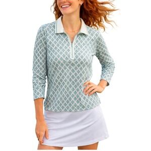 Sigrid Olsen Golf Tennis Women XL Teal White Geometric Floral Quarter Zip Top